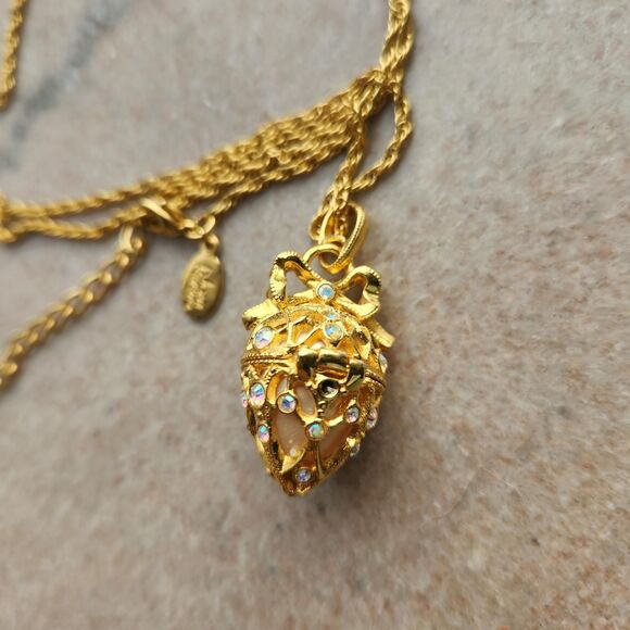 Faberge Egg Pendant Necklace Earrings Set Joan Rivers Jewelry Locket Rhinestone - Picture 7 of 12